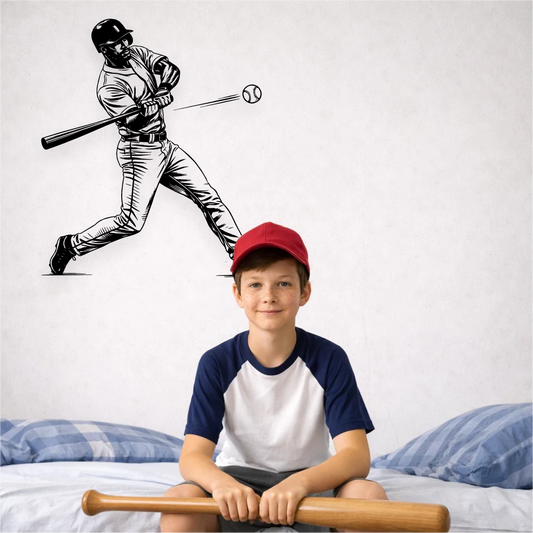 Baseball player wall decal above bed in kids room – sporty wall decor for young baseball fans