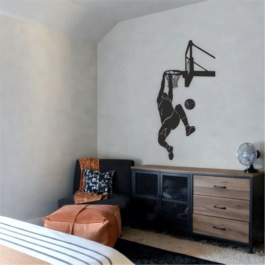 Basketball dunk wall decal installed in modern boys bedroom interior