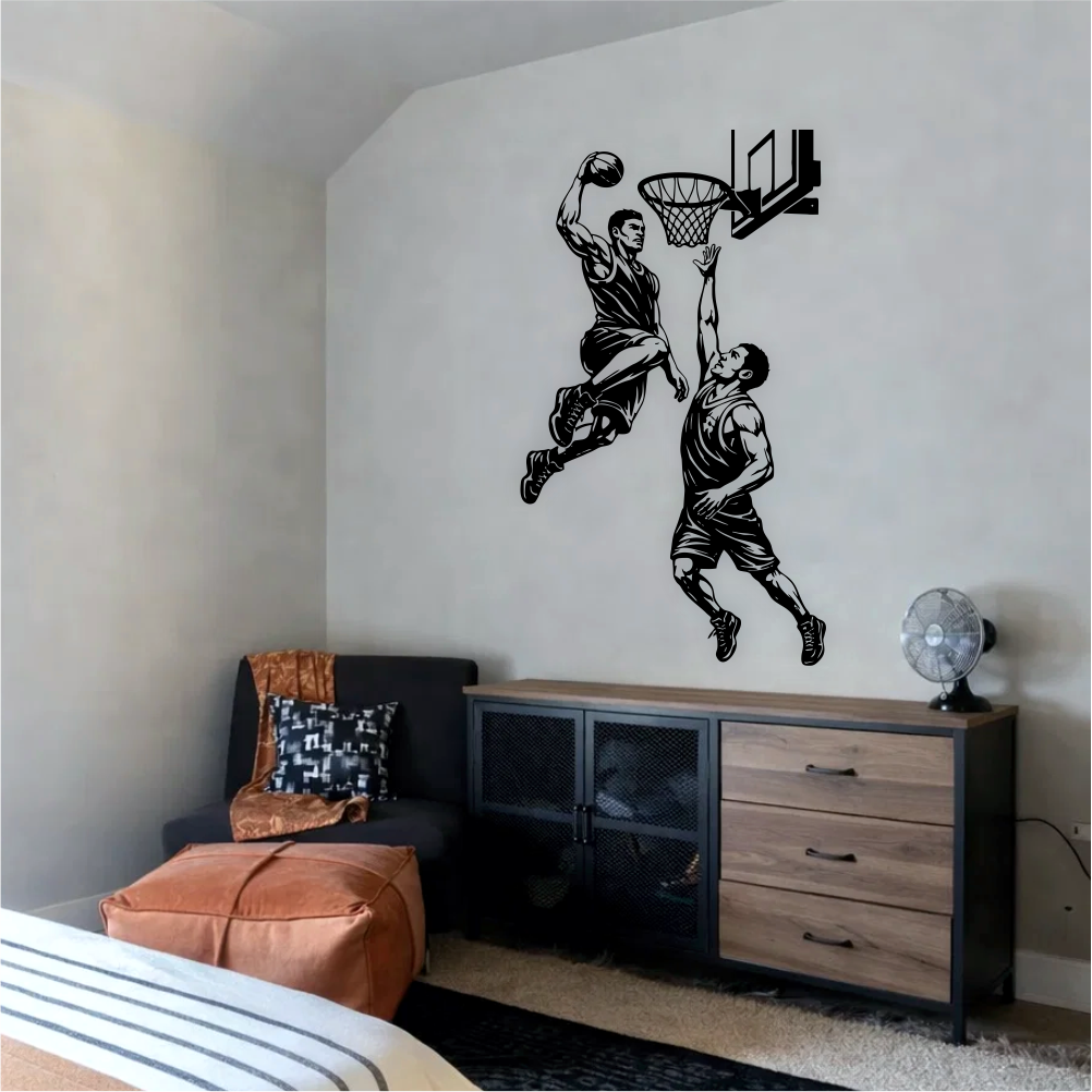 Basketball slam dunk wall decal above cabinet in modern kids room – dynamic sports wall decor