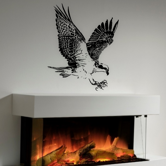 Eagle Wall Decal above modern fireplace – Black vinyl sticker in stylish living room – Art Decals