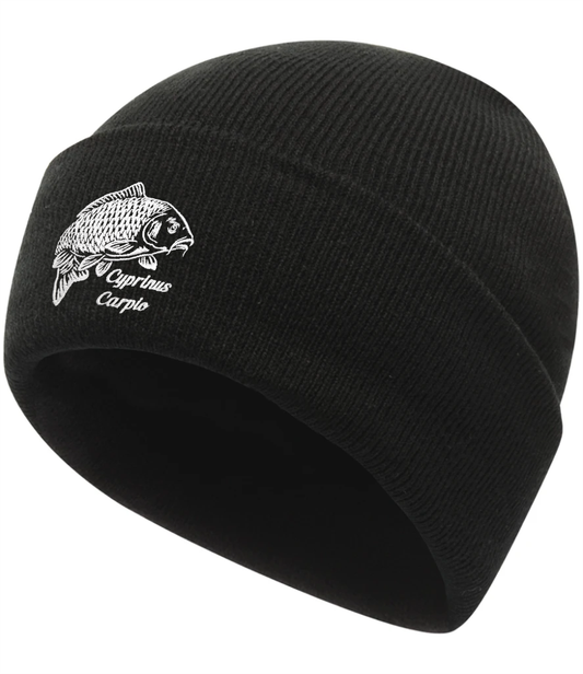 Navy fishing beanie with embroidered carp logo – front turned-up cuff view
