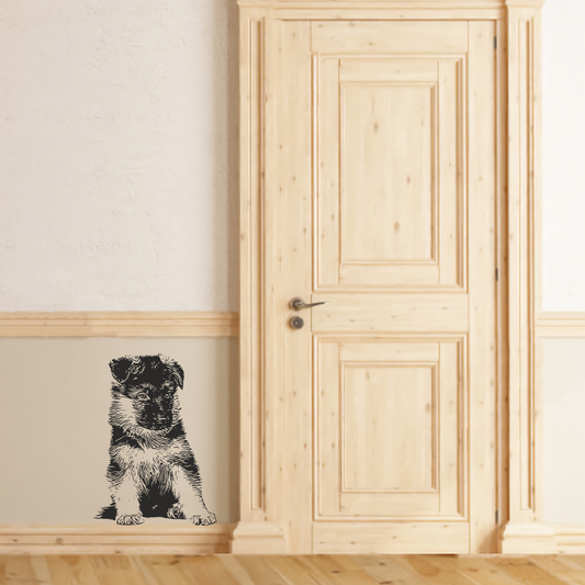 Black German Shepherd Puppy Wall Decal in a Light Hallway – Real-Life Vinyl Sticker Example for Pet-Friendly Interiors – Art Decals