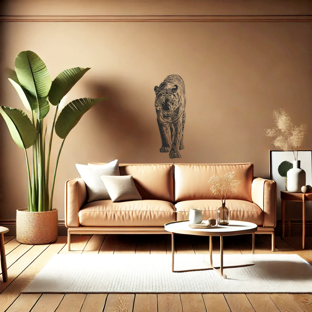Black Tiger Wall Decal – Real-Life Room Example with Modern Sofa – Art Decals