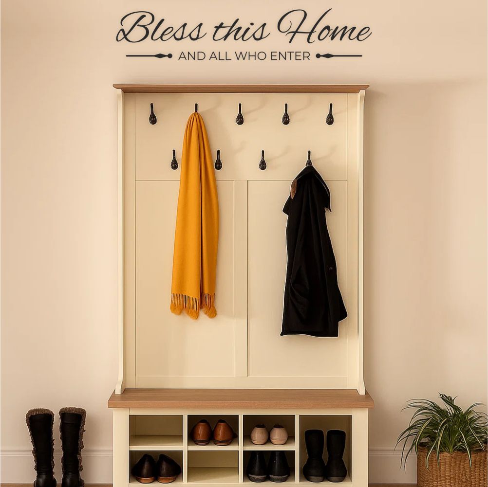 Bless this home wall decal above hallway bench