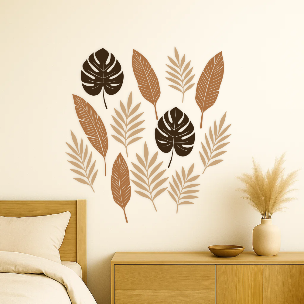 Boho botanical leaf wall decal set in warm brown tones applied above wooden bed – calming natural bedroom decor