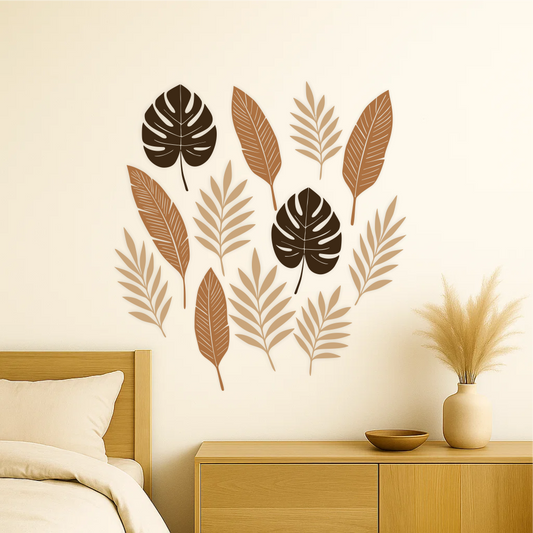 Boho botanical leaf wall decal set in warm brown tones applied above wooden bed – calming natural bedroom decor