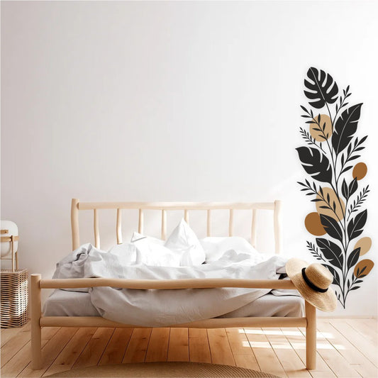 boho, botanical, leaf, vertical design, bedroom, living room, modern, natural tones, vinyl decal, wall art