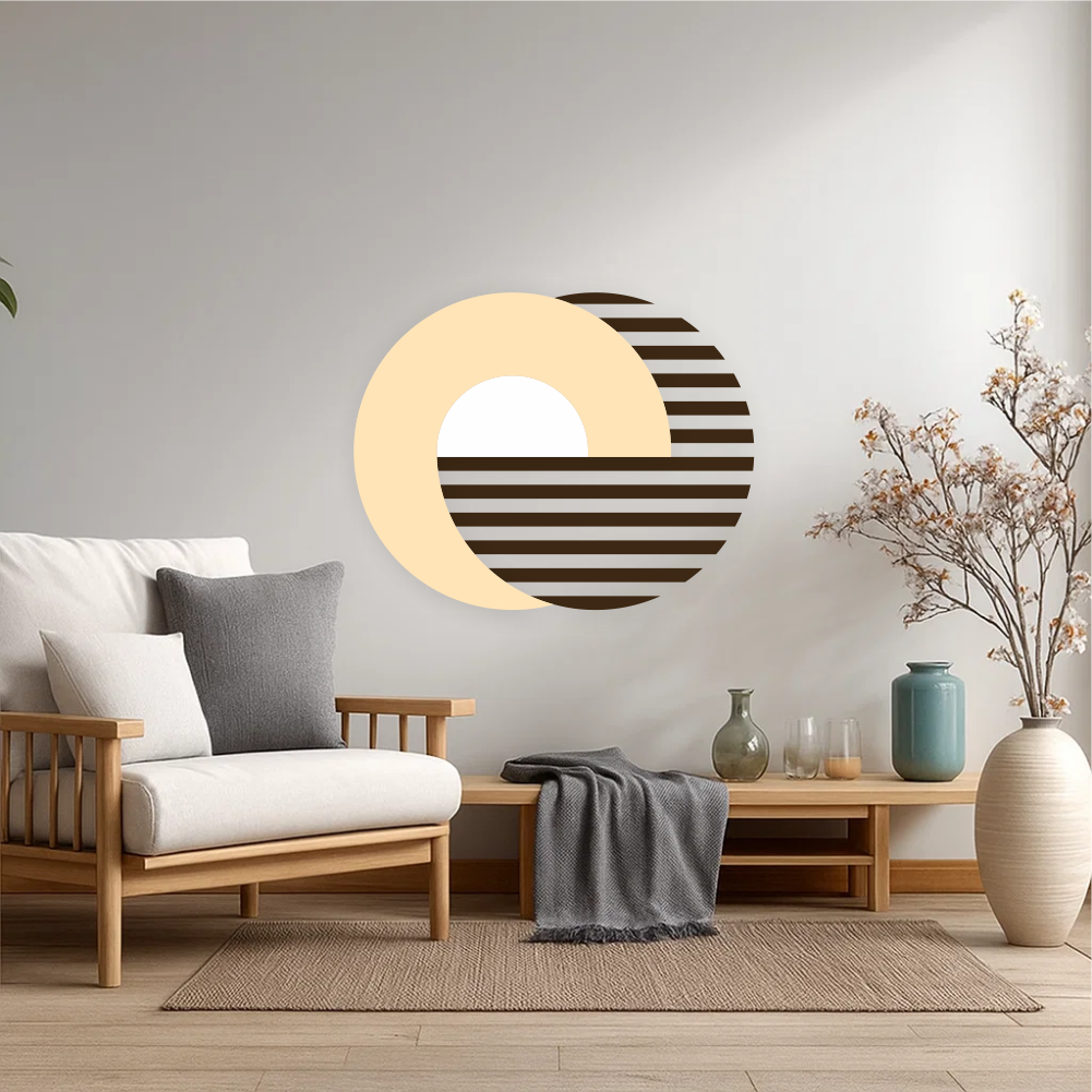 Boho sunrise lines wall decal above beige sofa in natural living room – geometric circle wall art in brown and shortbread tones