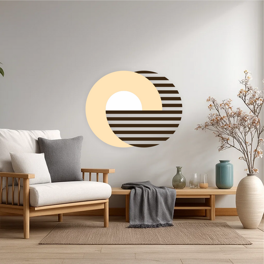 Boho sunrise lines wall decal above beige sofa in natural living room – geometric circle wall art in brown and shortbread tones