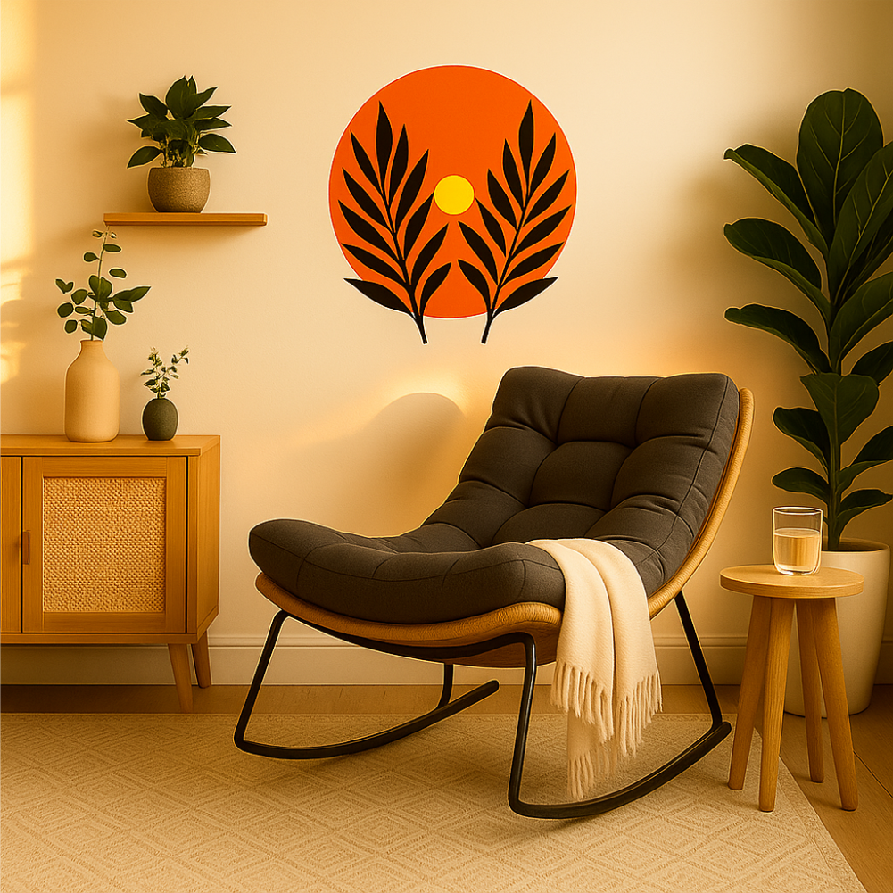 Boho sunset palm wall decal above armchair with floating shelf and plant – warm cozy living room in boho style