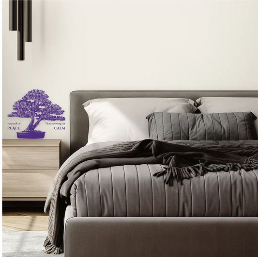 Bonsai tree wall decal applied next to bed in calm modern bedroom