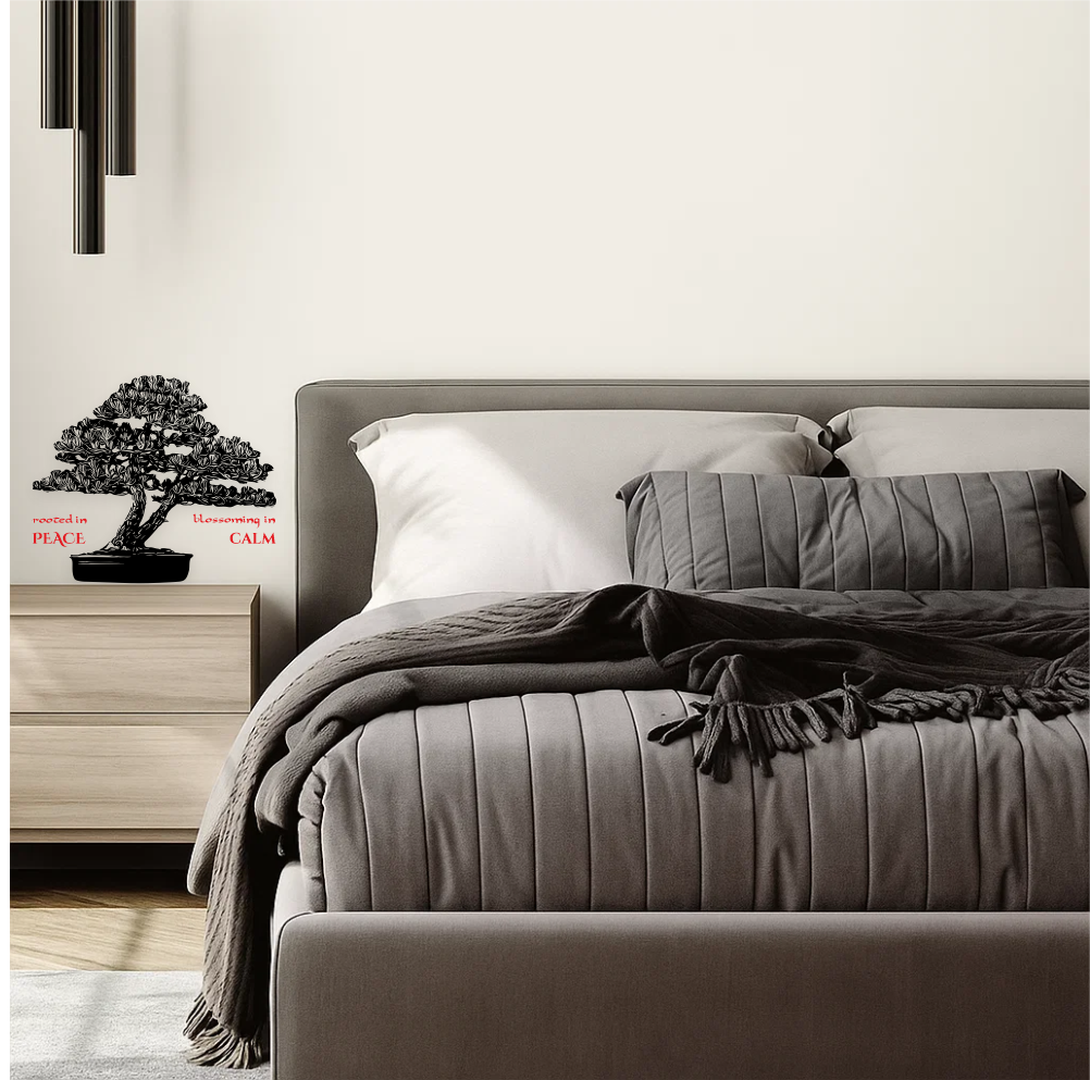 Bonsai tree wall decal with quote ‘Rooted in Peace, Blossoming in Calm’ in a modern bedroom with neutral colors – zen wall art