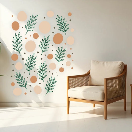 Botanical Dots & Leaves wall decal applied in modern boho interior with neutral tones