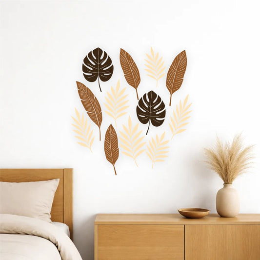 Botanical Leaf Mix wall decal set applied above wooden cabinet in modern boho bedroom