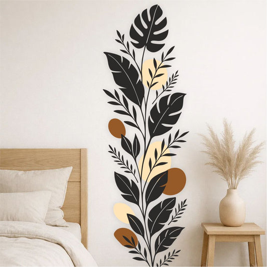 Botanical Vertical Leaves wall decal applied beside bed in modern boho bedroom