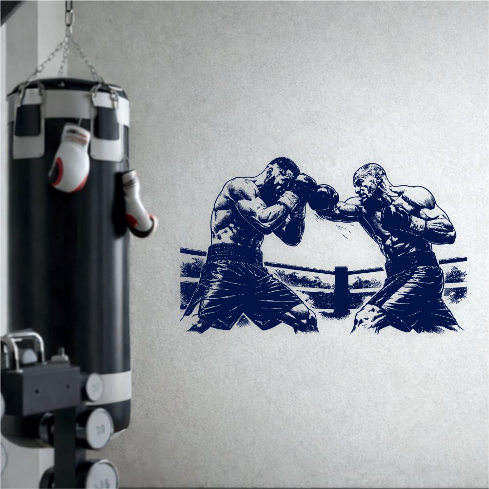 Boxing fight wall decal displayed in modern home gym next to punching bag