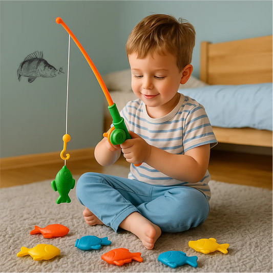Little boy playing fishing game with colorful toy fish and perch wall decal in blue kids room – playful learning moment
