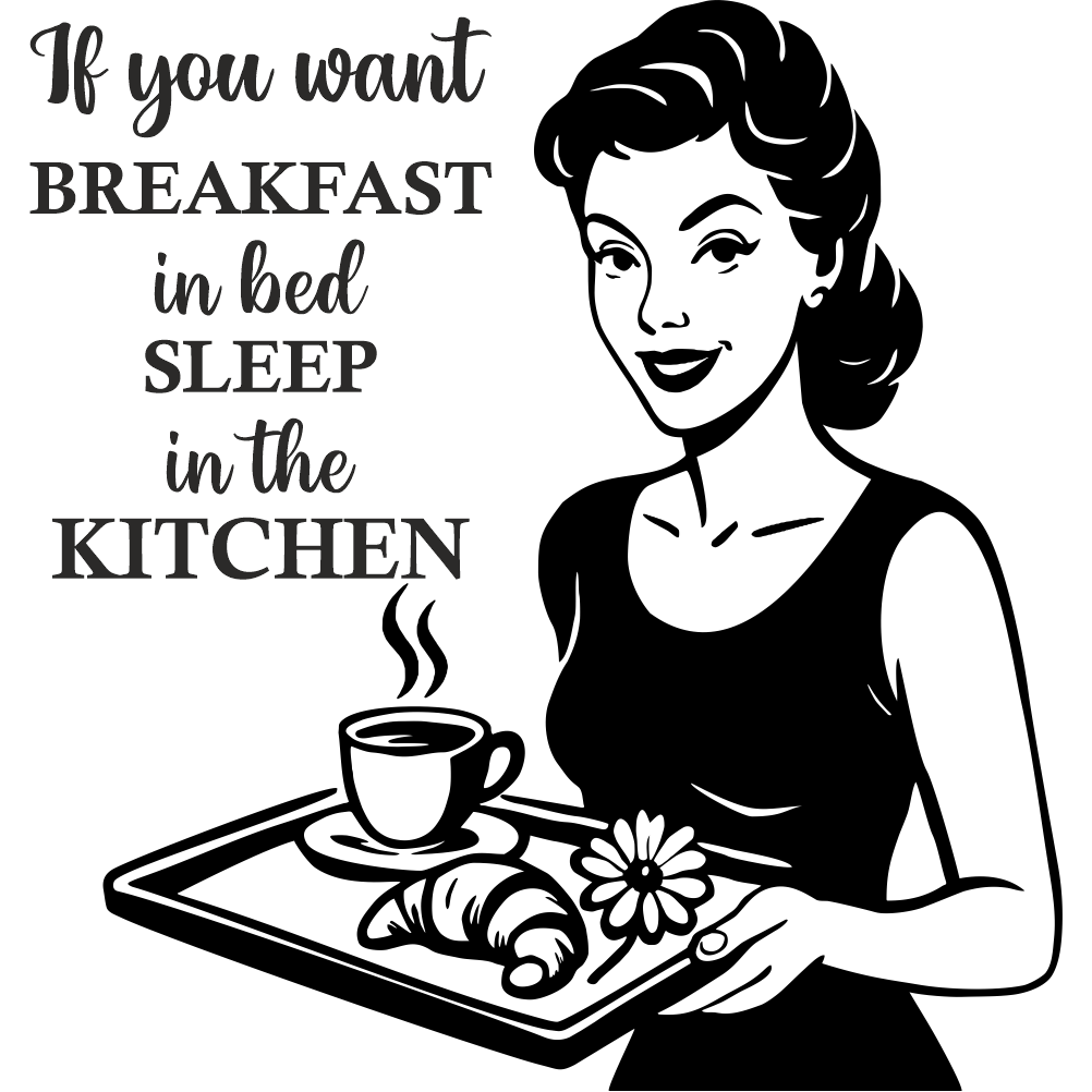 Breakfast in Bed quote kitchen wall decal with retro woman serving breakfast illustration