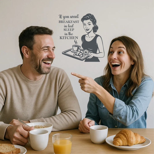 Breakfast in Bed kitchen wall decal with vintage woman illustration applied in a modern dining area