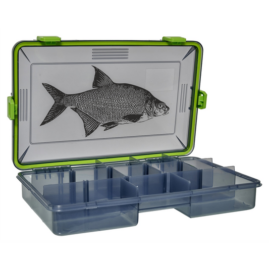 Bream fish vinyl decal applied on transparent fishing lure box – outdoor gear detail close-up.