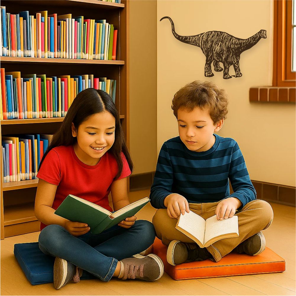 Brontosaurus wall decal in kids room with children reading books – dinosaur wall art
