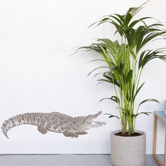 Brown Crocodile Wall Decal with Plant – Real-Life Example of Wildlife Vinyl Sticker for Bold and Natural Interiors – Art Decals