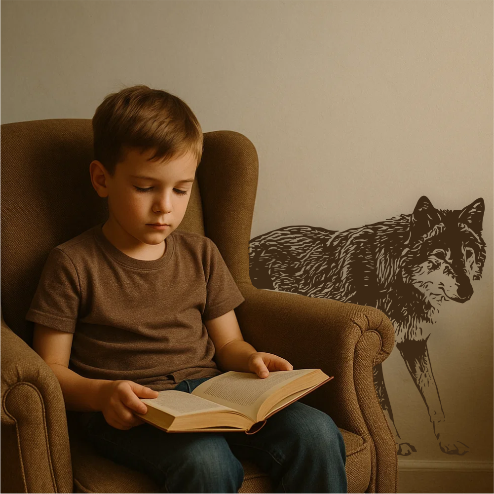 Brown Wolf Wall Decal – Real-Life Room Example with Child Reading in Cozy Chair – Wildlife Vinyl Wall Art by Art Decals