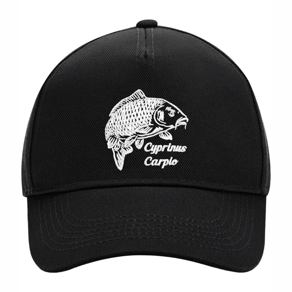 Black fishing cap with embroidered carp design – front product photo
