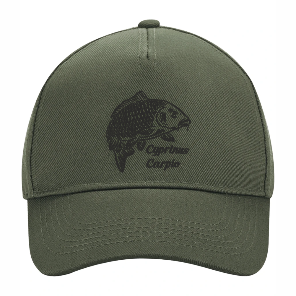 Olive fishing cap with embroidered carp design – front product photo