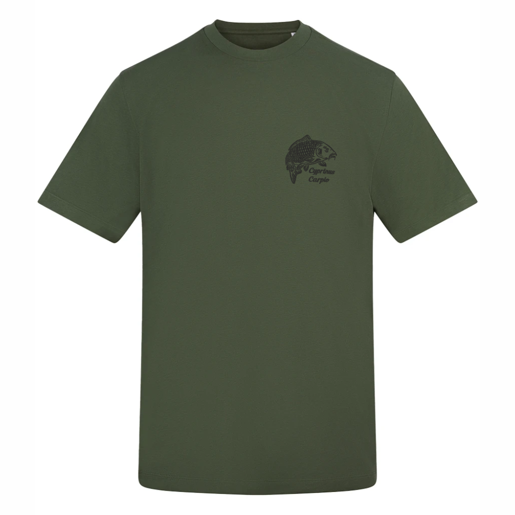 Earthy green carp embroidered fishing T-shirt – lightweight angler tee for warm days