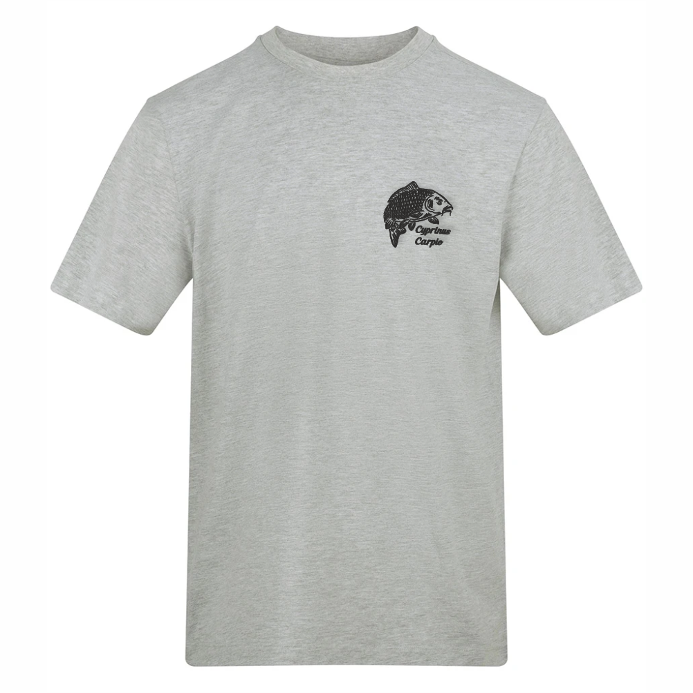 Heather grey carp embroidered fishing T-shirt – soft angler tee for everyday wear