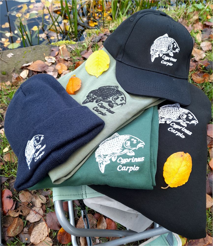 Carp fishing apparel bundle including navy beanie, embroidered hoodie and cap