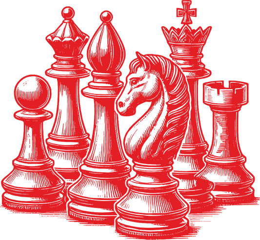 Chess wall decal – Classic chess pieces silhouette in red – Vinyl sticker for game room decor.