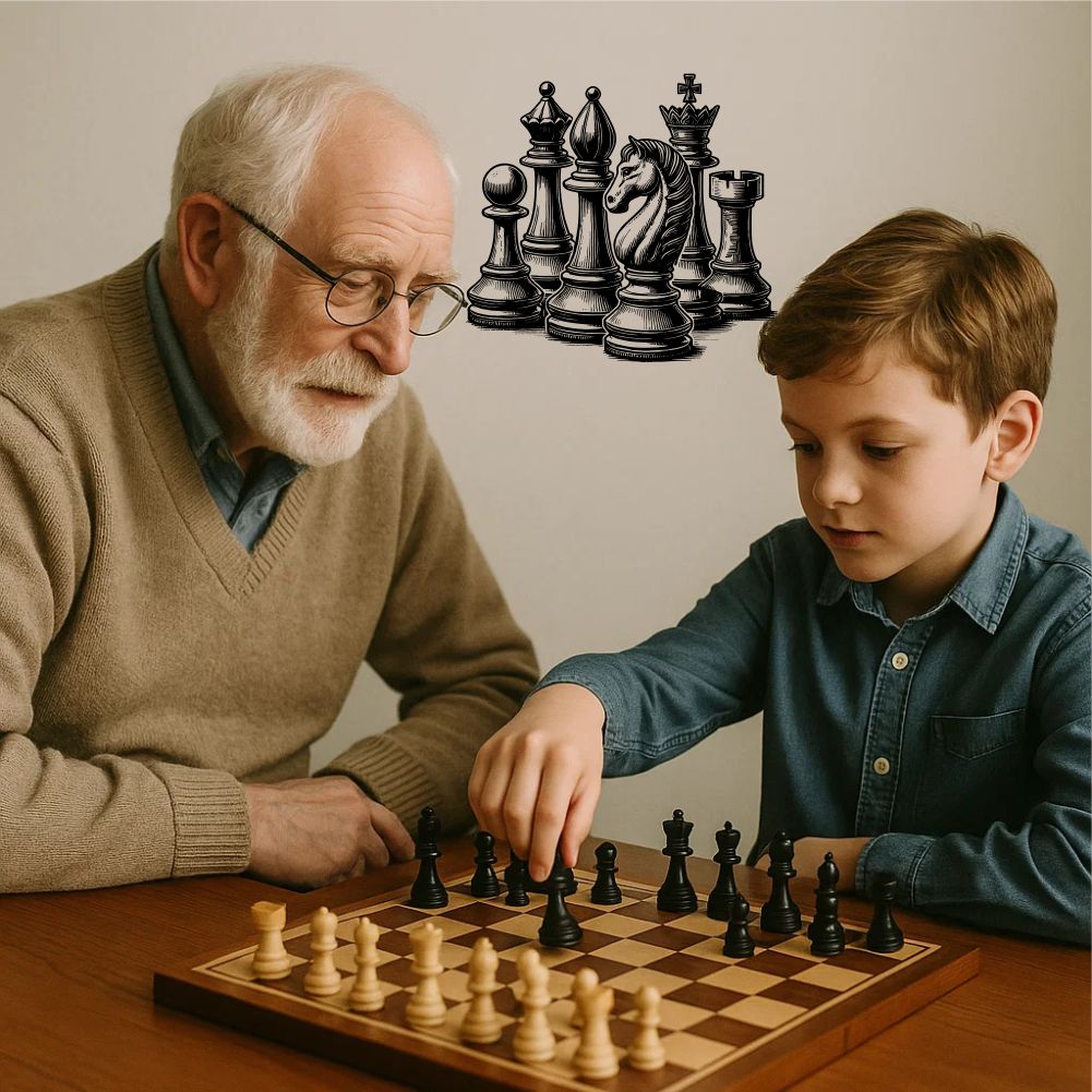 Classic chess pieces wall decal in living room with grandfather and child playing chess