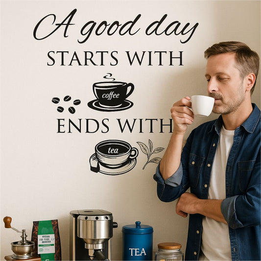 Coffee and Tea Quote kitchen wall decal above coffee station in modern UK kitchen – elegant vinyl wall sticker