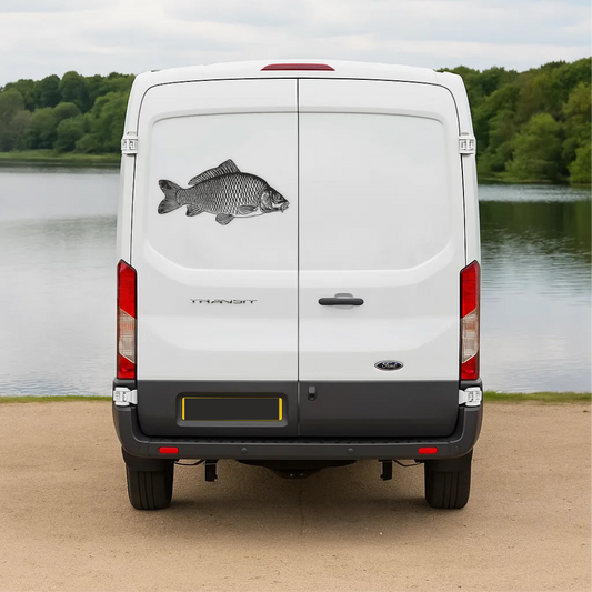 Common carp vinyl decal applied on white van near lake – fishing vehicle sticker for anglers.