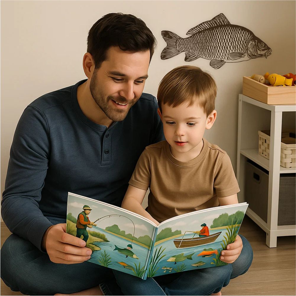 Common carp fishing decal displayed in family room during shared reading moment