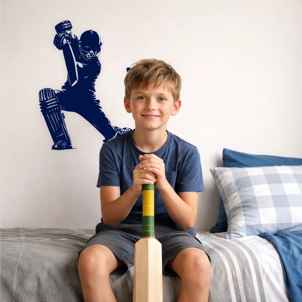 Cricket batsman wall decal in boys bedroom with child holding cricket bat