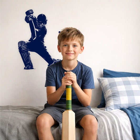 Cricket batsman wall decal in boys bedroom with child holding cricket bat