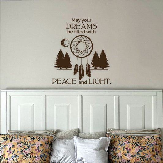 Dreamcatcher wall decal with calming quote applied above bed in peaceful bedroom