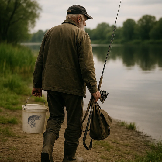 Elderly fisherman walking to the river with fishing gear and white bucket featuring black pike fish decal – tranquil angling scene