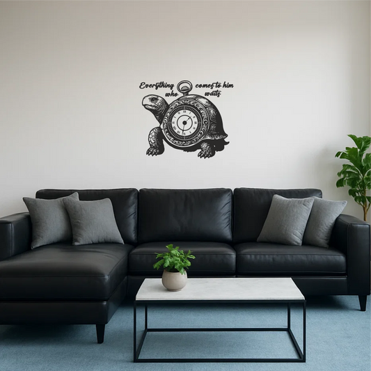 Inspirational wall decal “Everything Comes to Him Who Waits” applied above a sofa – symbolic turtle and clock design for living rooms