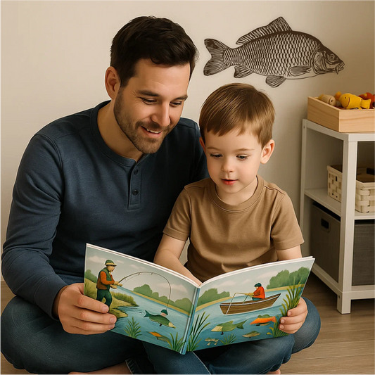 Father and son reading fishing book on floor with brown common carp wall decal in kids room – bonding moment for anglers