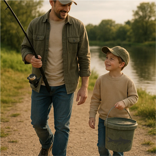 Father and son walking by the river with green fishing bucket decorated with black gudgeon decal – warm family moment