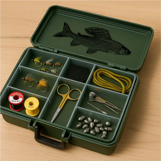 Fly fishing tackle box with black grayling fish decal – flies, weights, scissors and gear inside