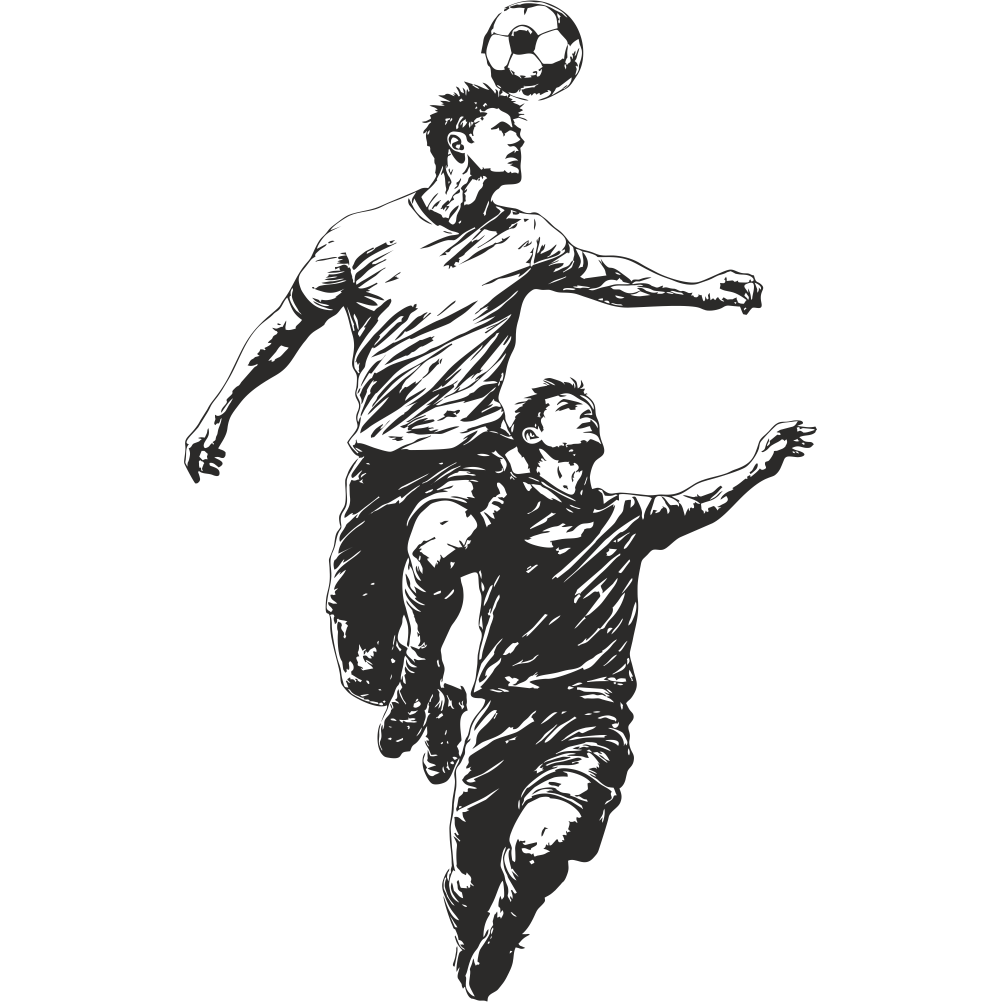 Detailed football header wall decal with two players jumping for the ball – dynamic sports wall art