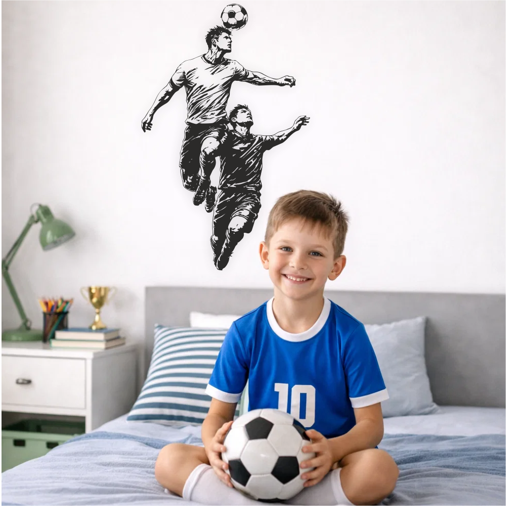 Boy holding football under football header wall decal in kids bedroom – sporty football wall decor