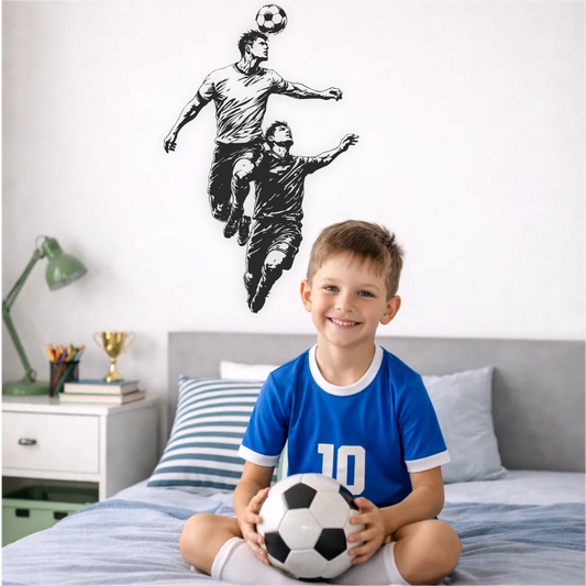 Boy holding football under football header wall decal in kids bedroom – sporty football wall decor