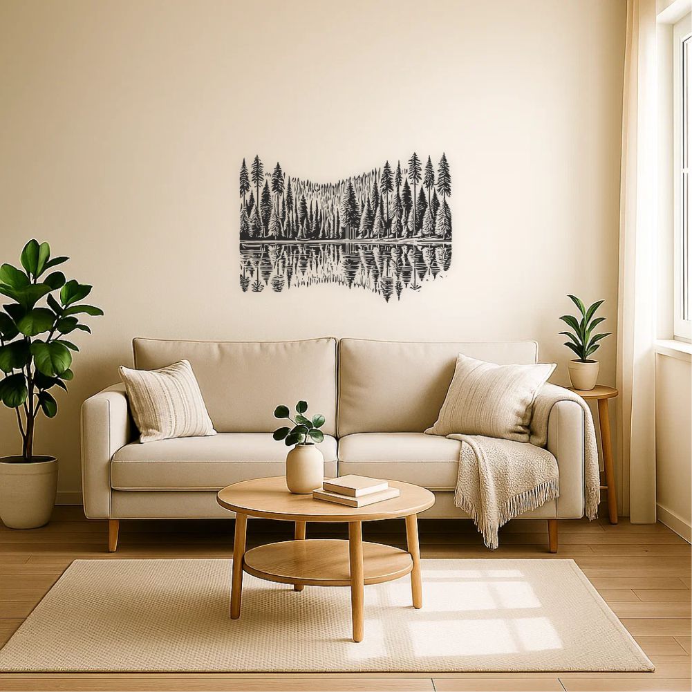 Forest reflections wall decal in living room above sofa with minimalist natural decor