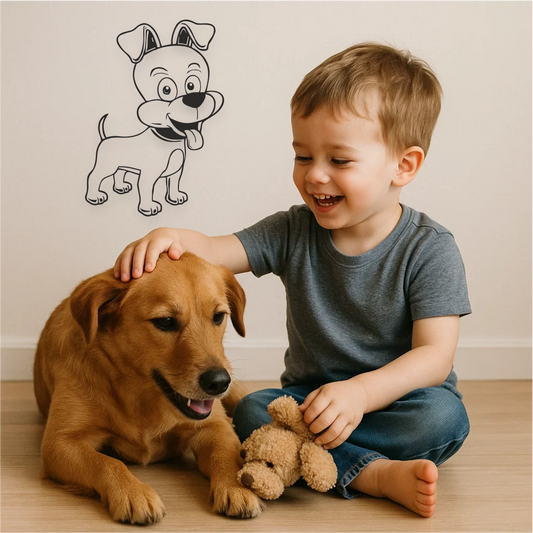 Little boy playing with real dog and stuffed toy under cartoon dog wall sticker – fun pet-themed wall decor for kids